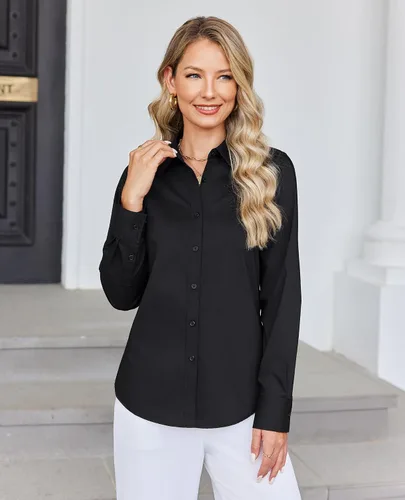 Vista 3 de siliteelon Camisa con botones para mujer: camisa de vestir con cuello de manga larga de algodón con botones, blusa de trabajo y oficina