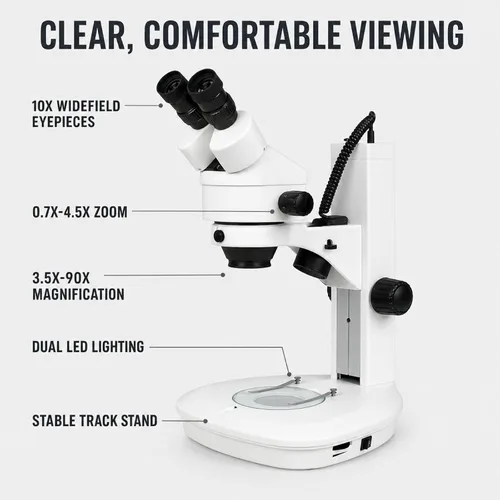 Vista 2 de Microscopio estéreo con zoom binocular VS-2EZ, ocular de campo ancho 10x, rango de zoom de 0.7X—4.5X, rango de aumento de 3.5X—90x, lente auxiliar