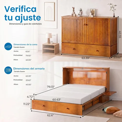 Vista 2 de Mjkone Armario de cama Queen Murphy con colchón de tres pliegues, color Cereza