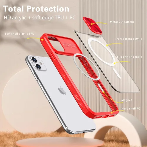 Vista 6 de Funda para iPhone 11 Pro Max compatible con Magsafe con cubierta de cámara deslizante, grado militar, resistente a los golpes, resistente, Rojo