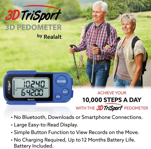 Vista 6 de Realalt 3DTriSport 3D Walking Pedometer with Clip & Strap, Accurate Step Counter with 30-Day Memory, Distance in Miles/KM with Large Display Perfect