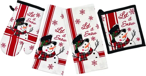 Vista 8 de Paños de Cocina y Agarraderas Navideños - Juego Alegre de Navidad de 4 Piezas 100% Algodón Verde Rojo Blanco - Dos (2) Paños de Cocina, Un (1)