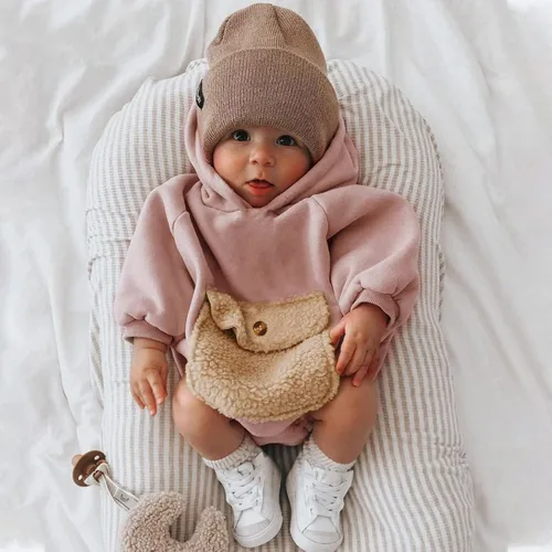 Vista 2 de Mameluco con capucha para bebés y niñas recién nacidos bolsillo sólido manga larga sudaderas con capucha ropa de invierno
