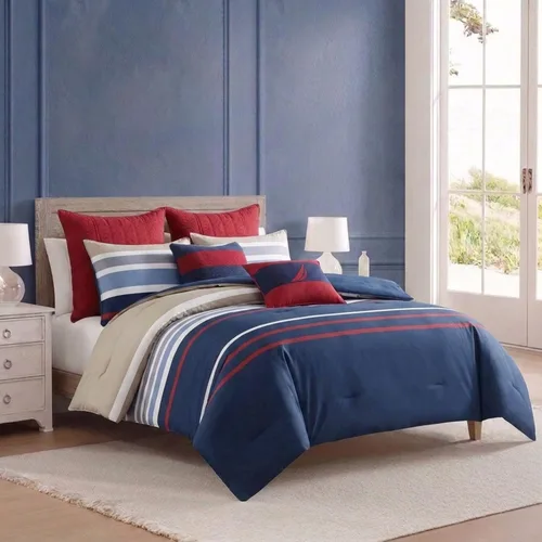 Vista 2 de Nautica - Juego de funda de edredón tamaño individual, ropa de cama reversible de algodón con cierre de botón, decoración informal para el hogar