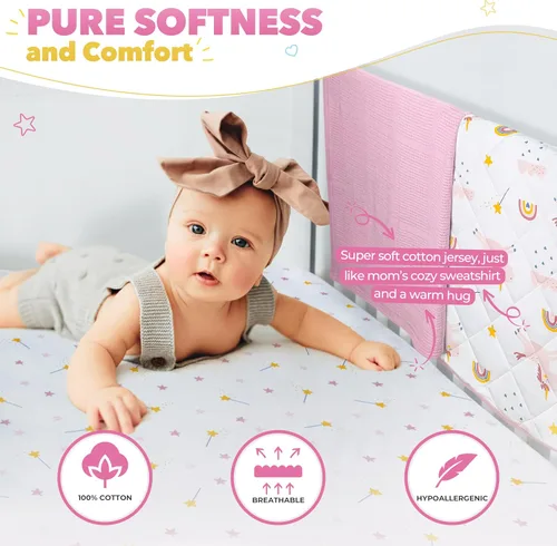 Vista 2 de Bubzi Co Juego de ropa de cama de cuna para niñas, 5 piezas, incluye 2 sábanas para cuna, edredón de algodón, manta de bebé y juego de calcomanías