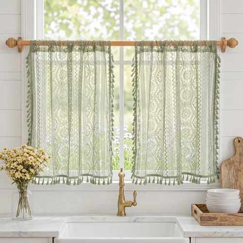 Vista 15 de MYSKY HOME Cortinas de encaje beige para puerta francesa de 40 pulgadas de largo, 2 paneles de cortinas florales bohemias transparentes para puerta