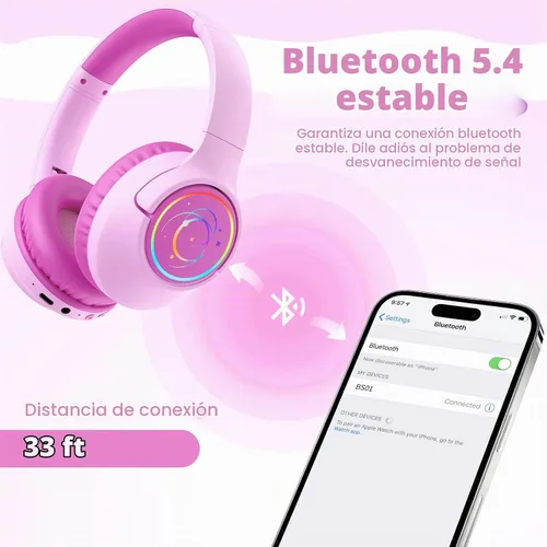 Vista 6 de Auriculares Bluetooth para niños, tiempo de reproducción de 85 horas para rosado fucsia