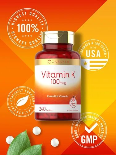 Vista 5 de Carlyle Vitamina K 100 mcg 240 tabletas Vegetariano, sin OMG, sin gluten Suplemento de vitamina K