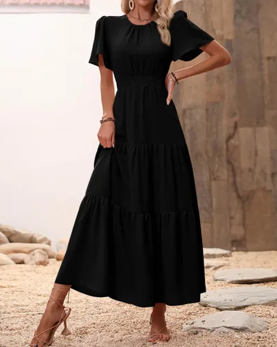Vista 6 de PRETTYGARDEN - Vestido largo casual de verano para mujer, manga corta, con vuelo, cuello redondo, cintura fruncida, escalonado, bohemio, floral