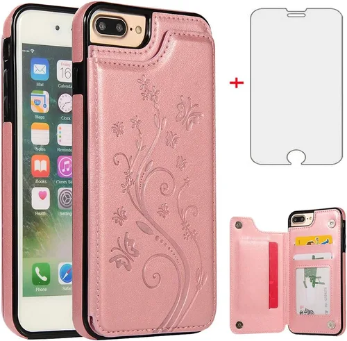 Vista 10 de Funda de teléfono para iPhone 7plus 8plus 7/8 Plus con protector de pantalla de vidrio templado y tarjetero para tarjetero, accesorios de cuero