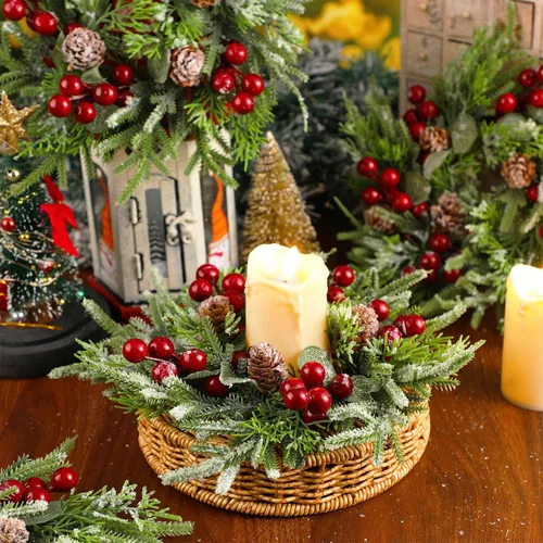 Vista 4 de 4 piezas de corona de anillo de vela de Navidad pequeño armario de cocina decoración de mesa