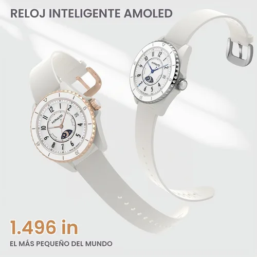 Vista 2 de KAVVO Oyster - Mini reloj inteligente Bluetooth de 1.1 pulgadas para mujer, pantalla AMOLED siempre encendida, bisel giratorio, rastreador de blanco