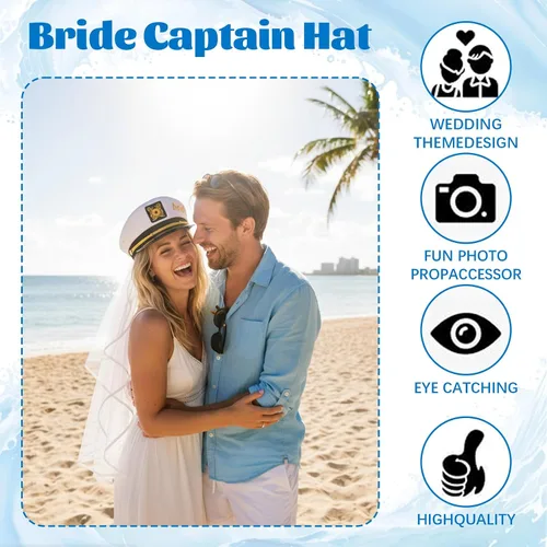 Vista 4 de MGupzao Sombrero de capitán de novia para despedida de soltera, sombreros de fiesta nupcial con velo, regalo de novia, fiesta en barco en la playa