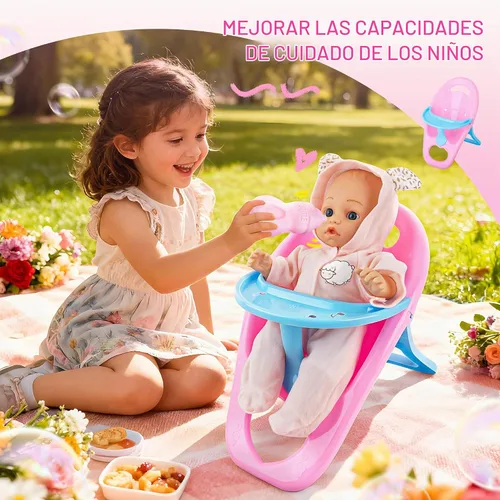 Vista 7 de SMILESSKIDDO - Juego de juguete de cochecito de muñeca bebé - Muñecas blandas de 12 pulgadas con accesorios, silla de comedor, ropa para muñecas