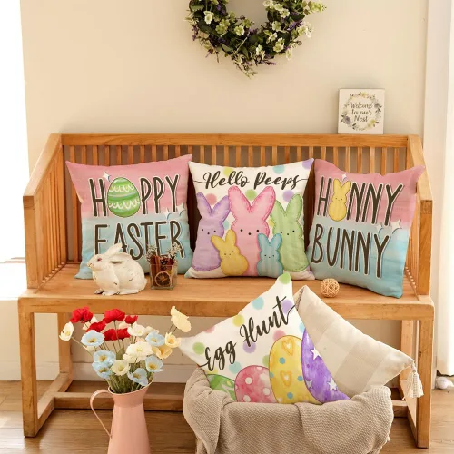 Vista 2 de GEEORY Happy Easter Eggs Hello Peeps - Juego de 4 fundas de almohada de 18 x 18 pulgadas, diseño de conejito de conejito con lunares, decoración