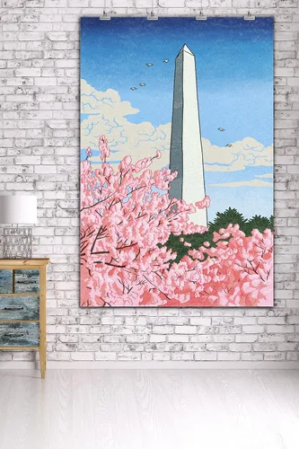 Vista 3 de Washington, DC, Monumento de Washington, Flores de cerezo (36 x 54 pulgadas, póster de viaje para decoración de pared)