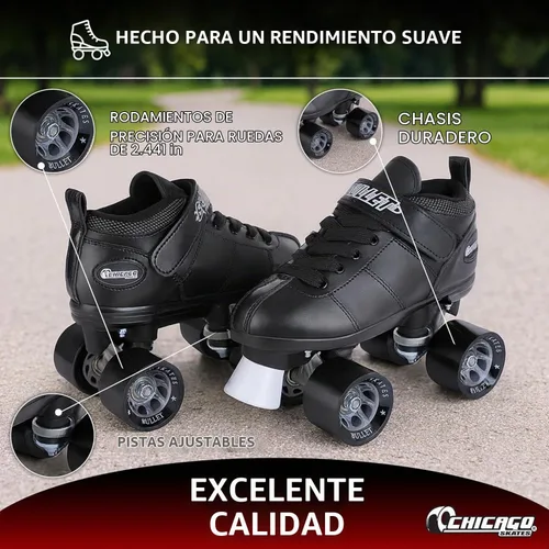 Vista 5 de Chicago Skates Bullet Speed Roller Skates – Adjustable Quad Roller Skates Women Men, Durable Skates, Top Performance with Front Stopper, 62mm Negro