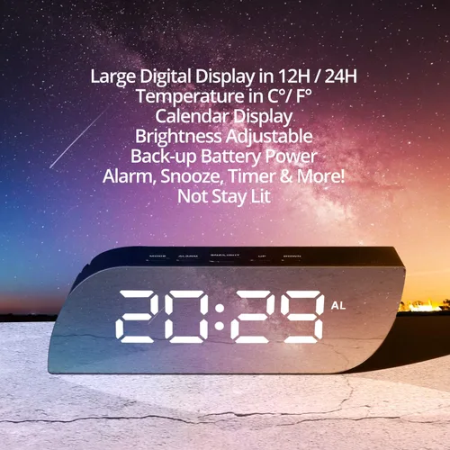 Vista 3 de Betus Reloj despertador digital estético, superficie de espejo, modo nocturno con atenuación, pantalla LED de dígitos grandes, fácil repetición