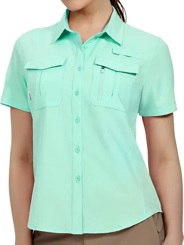Vista 12 de Haimont Camisas de senderismo y pesca con protección solar para mujer, manga corta, abotonadas, resistentes al agua, de secado rápido