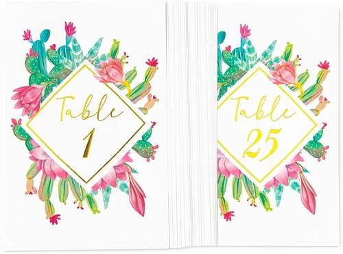 Vista 3 de Sparkle and Bash Números de mesa para suculentas, 4 x 6 pulgadas, paquete de 25, diseño de cactus de lámina dorada, letreros de números de mesa