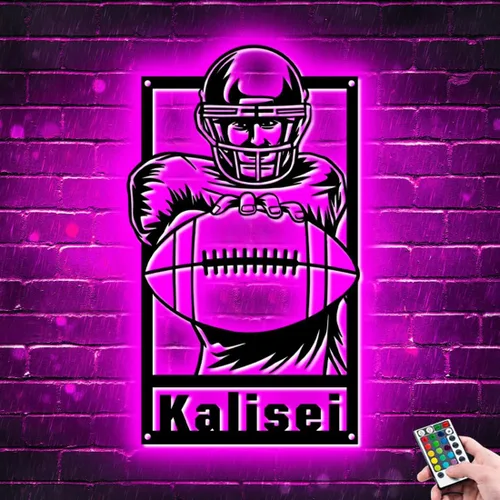 Vista 15 de Letrero de metal personalizado para jugador de fútbol con luz LED, nombre y número personalizado, arte de pared de fútbol, letrero de neón