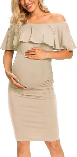 Vista 3 de Vestido de maternidad ajustado con volantes y hombros descubiertos, vestido de embarazo formal para baby showerfotografía