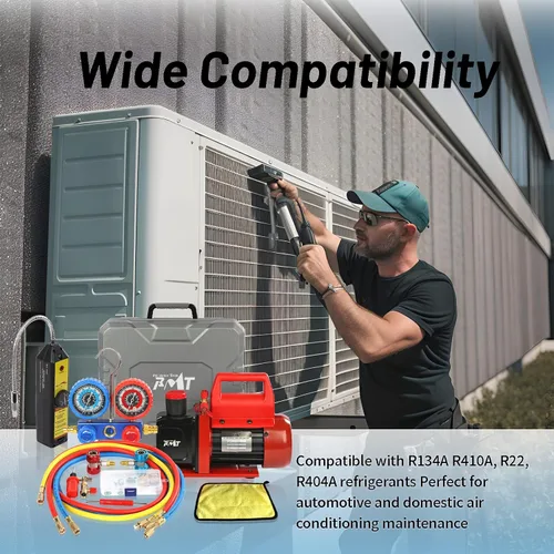 Vista 2 de PB Motor Tech - Juego de bomba de vacío y medidor - Bomba de 4.5 CFM con manómetro de colector de aluminio de 3 vías, con detector de fugas