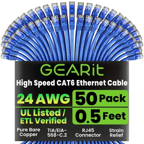 Vista 17 de GEARit Paquete de 50 cables Ethernet Cat6 de 0.5 pies Cable de conexión de red RJ45, conectores chapados en oro sin enganches de 10 Gbps, cable