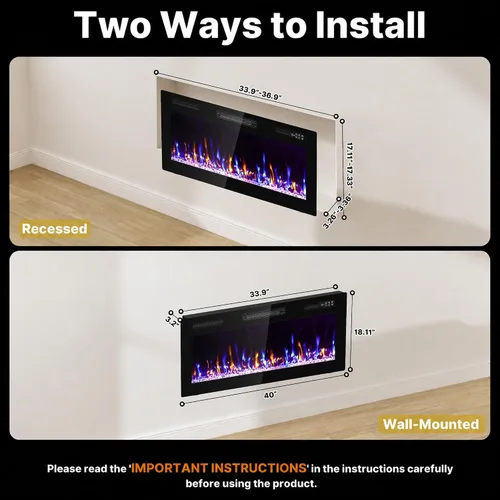 Vista 2 de Chimenea eléctrica ultrafina de 40 pulgadas montada en la pared, inserto de chimenea delgado, chimenea de pared para sala de estar/dormitorio