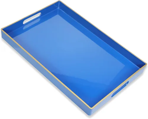 Vista 8 de Bandeja decorativa redonda azul con asas, bandeja de servir elegante de 13" para mesa de café, estilo otomano para sala de estar, baño, exteriores