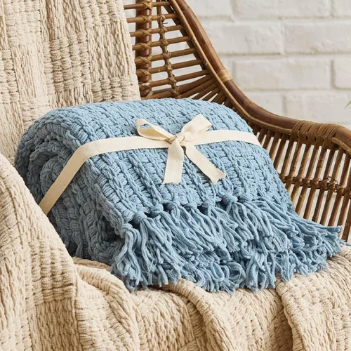Vista 6 de Bedsure - Mantas de punto azules para sofá - Manta tejida de chenilla gruesa con textura - Manta decorativa boho súper suave y cálida con borlas
