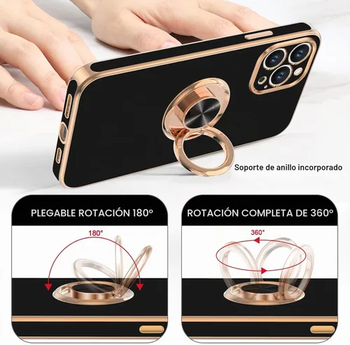 Vista 4 de Hython - Funda para iPhone 14 Pro con soporte de anillo [soporte magnético de anillo giratorio de 360°] [soporte para montaje en coche] Borde dorado