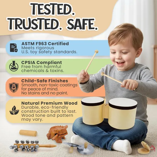 Vista 4 de Juego de batería e instrumentos musicales para niños a partir de 3 años con tambor Bongo Montessori - Juego de instrumentos de percusión de madera