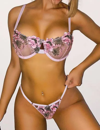 Vista 5 de Conjunto de lencería bordada de 2 piezas para mujer con encaje y flores