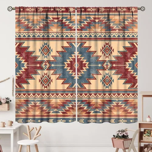 Vista 324 de Cortinas con patrón geométrico tribal, estilo suroeste, azteca, rústico, occidental, nativo americano, opacas, con bolsillo para barra, decoración