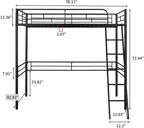 Vista 2 de Base de cama de metal tipo loft con escalera y barandilla de seguridad, marco de cama moderno de plataforma individual con espacio debajo de la cama