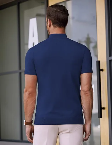 Vista 7 de COOFANDY Suéter de cuello alto falso para hombre, de manga corta, color sólido, básico, ajustado, de punto