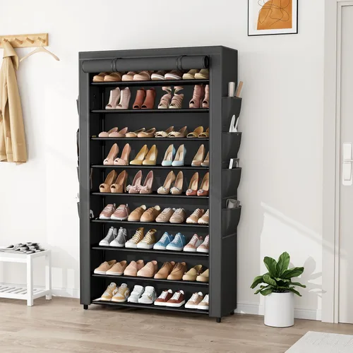 Vista 2 de Zapatero con tapa, organizador de zapatos de 10 niveles para 40-50 pares de zapatos deportivos y botas, gran capacidad, con 8 bolsillos, zapatero
