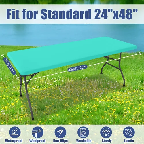 Vista 8 de Moosfor Mantel rectangular de elastano de 4 pies, manteles elásticos ajustables para pícnic, funda elástica y lavable para mesa de patio para Azul