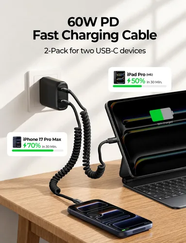 Vista 2 de LISEN Paquete de 2 cables USB C a USB C en espiral de 60 W para Android Negro espacial