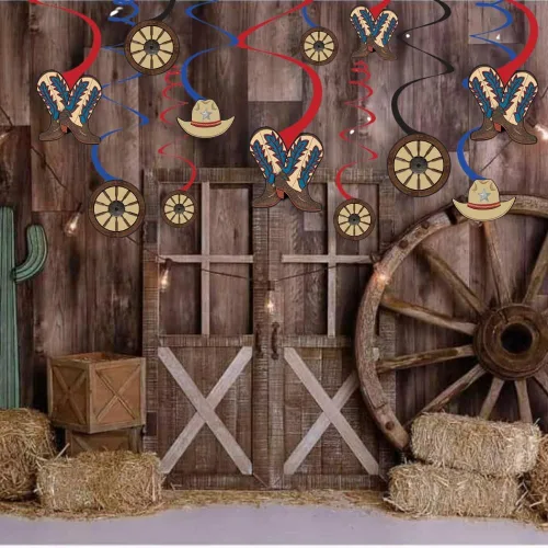 Vista 3 de Decoraciones de remolinos colgantes para fiestas occidentales, 5 y 7 pulgadas (paquete de 12) – Remolino rojo y azul con recortes de vaquero