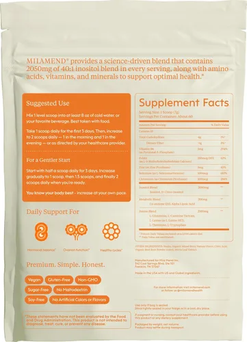 Vista 9 de Milamend Equilibrio Hormonal para Mujeres 40:1 Myo-Inositol D-Chiro Inositol Suplemento + CoQ10, ALA y Aminoácidos – Fertilidad, Apoyo Ovarico