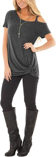Vista 5 de Temofon - Camisetas de mujer, sin hombros, camiseta de verano informal, de manga corta, con diseño de nudo trasero y hombros desnudos, tallas S a 2XL