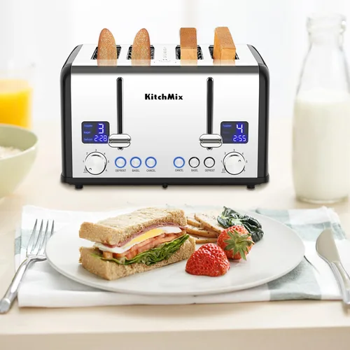 Vista 8 de Tostadora de 4 rebanadas, tostador de panecillos de acero inoxidable KitchMix con temporizador LCD, ranuras extra anchas, pantalla dual, bandeja