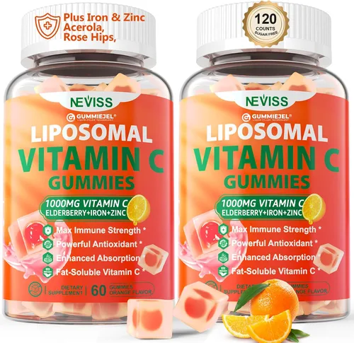 Vista 8 de Gomitas liposomales de vitamina C de 1000 mg para adultos – Vitamina C masticable 1500 mg con 8 mg de hierro, zinc y saúco – Apoyo inmunológico