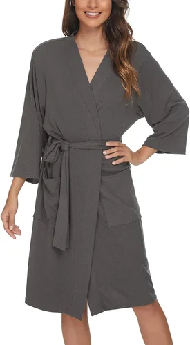 Vista 8 de U2SKIIN Batas para mujer, 100% algodón, ligeras batas con mangas 3/4, kimono de punto, suaves, ropa de casa, bata corta de baño A-algodón gris