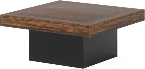 Vista 8 de Tribesigns Mesa de café cuadrada con LED Mesa de café en madera de ingeniería centro bajo de cóctel para sala de estar (marrón rústico+negro)
