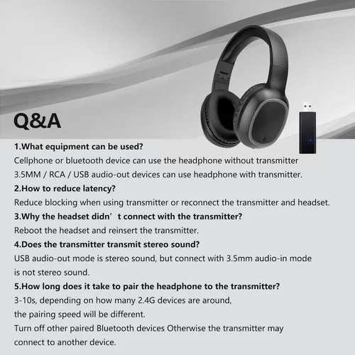 Vista 6 de Auriculares Bluetooth para TV y PC con transmisor USB y 0.138 in (negro) Lightweight foldable over-ear headphones with dongle. Connect to TV/PC