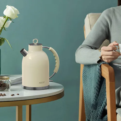 Vista 6 de ASCOT Hervidor eléctrico, de acero inoxidable, hervidor de té eléctrico, regalos para hombres/mujeres/familia, calentador de té retro de 1.5 L 1500