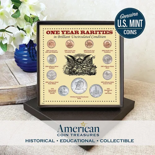 Vista 3 de One Year Rarities Eleven Coin Display Boxed Set: Raras, Brillant Uncirculated US Coins One Year Minted! 1976 Bicen Eisenhower Dollar + JFK $.50